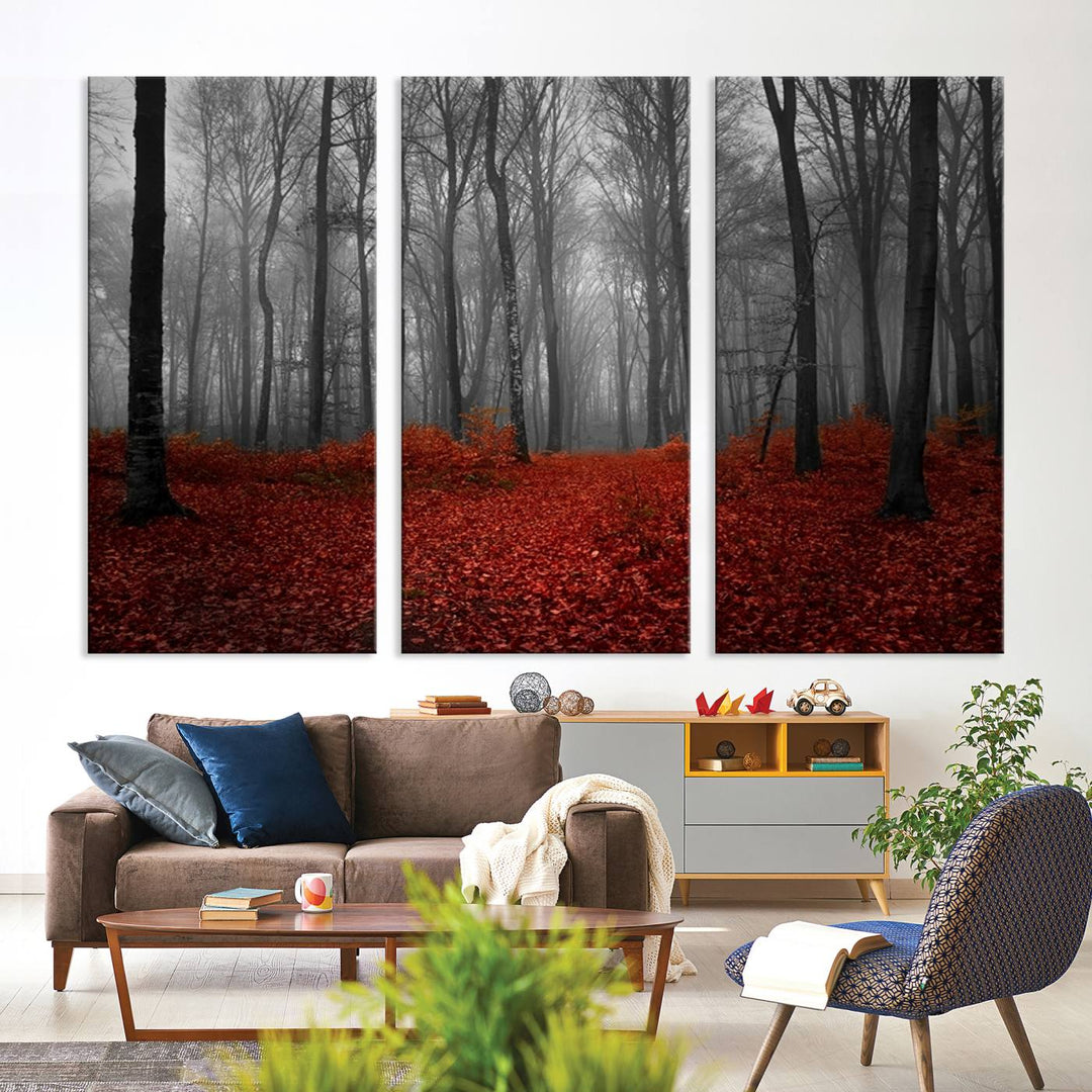 Wall Art Landscape Canvas Print Wonderful Forest with Red Leaves on Ground