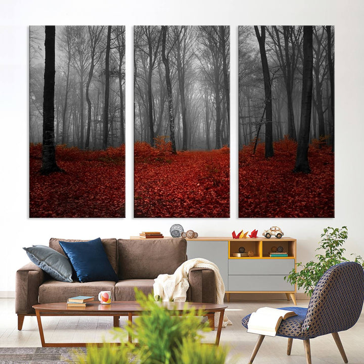 Wall Art Landscape Canvas Print Wonderful Forest with Red Leaves on Ground