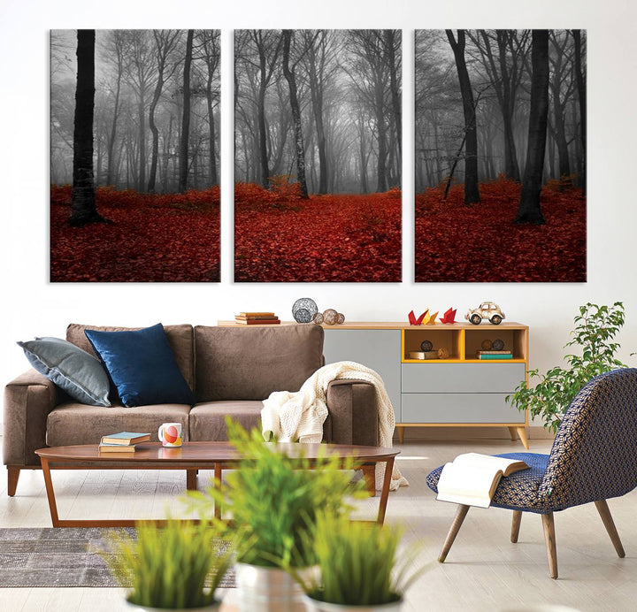 Wall Art Landscape Canvas Print Wonderful Forest with Red Leaves on Ground