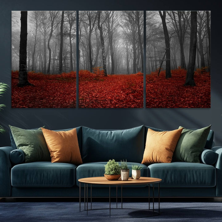 Wall Art Landscape Canvas Print Wonderful Forest with Red Leaves on Ground