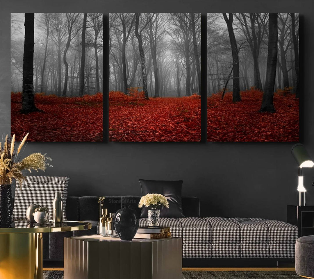Wall Art Landscape Canvas Print Wonderful Forest with Red Leaves on Ground