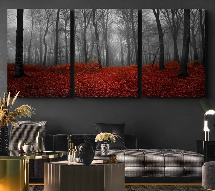 Wall Art Landscape Canvas Print Wonderful Forest with Red Leaves on Ground