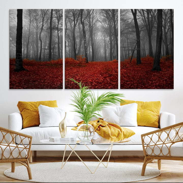 Wall Art Landscape Canvas Print Wonderful Forest with Red Leaves on Ground