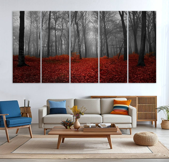 Wall Art Landscape Canvas Print Wonderful Forest with Red Leaves on Ground