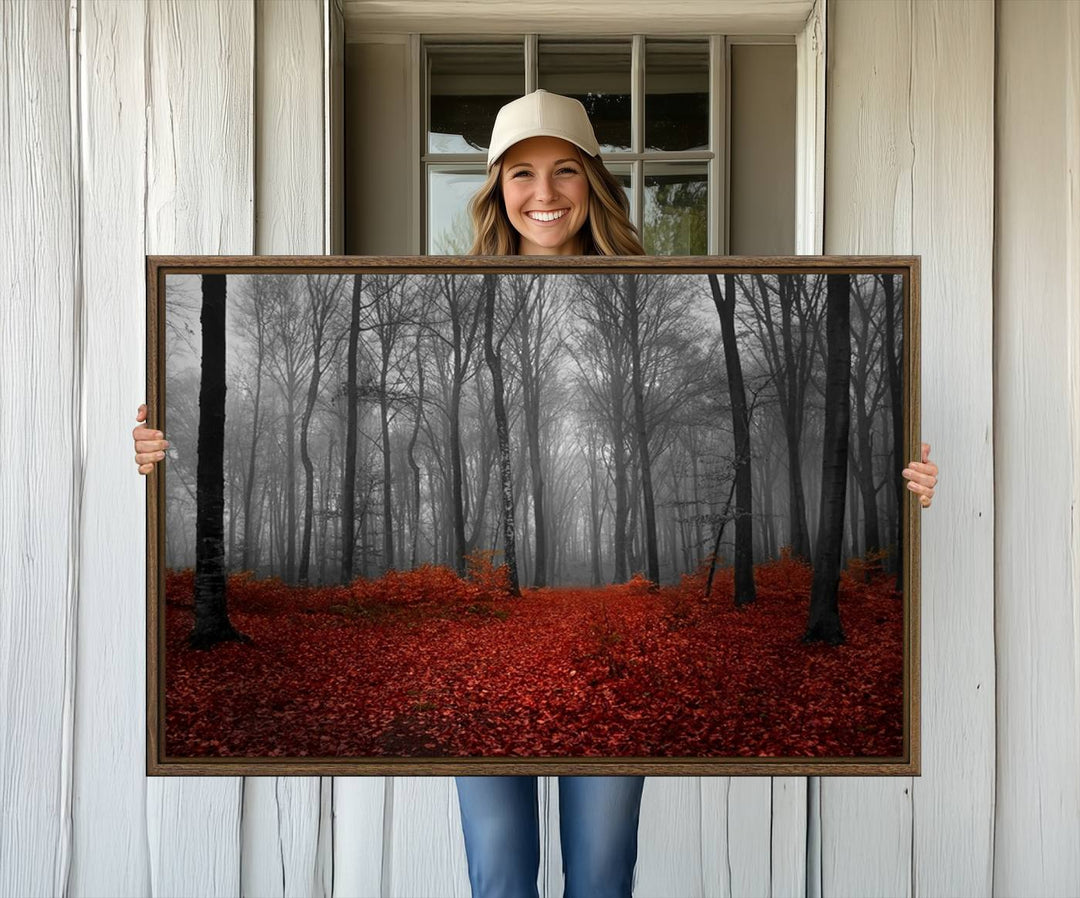 26869-MGV-CV-36X24-Wall Art Landscape Canvas Print Wonderful Forest with Red Leaves on Ground