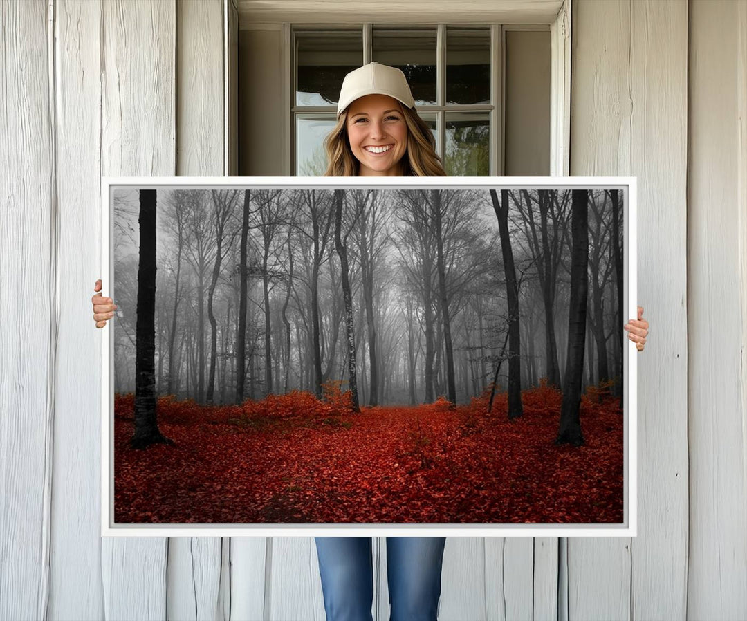26869-MGV-CV-36X24-Wall Art Landscape Canvas Print Wonderful Forest with Red Leaves on Ground