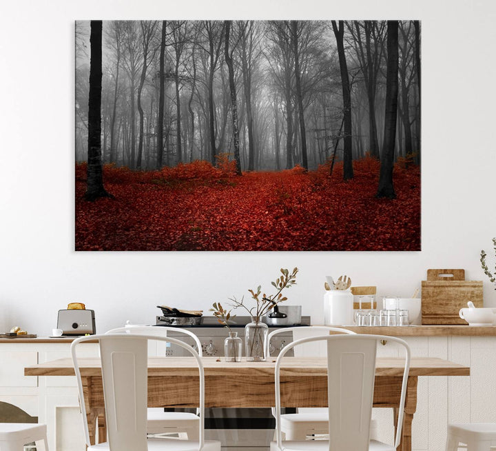 Wall Art Landscape Canvas Print Wonderful Forest with Red Leaves on Ground