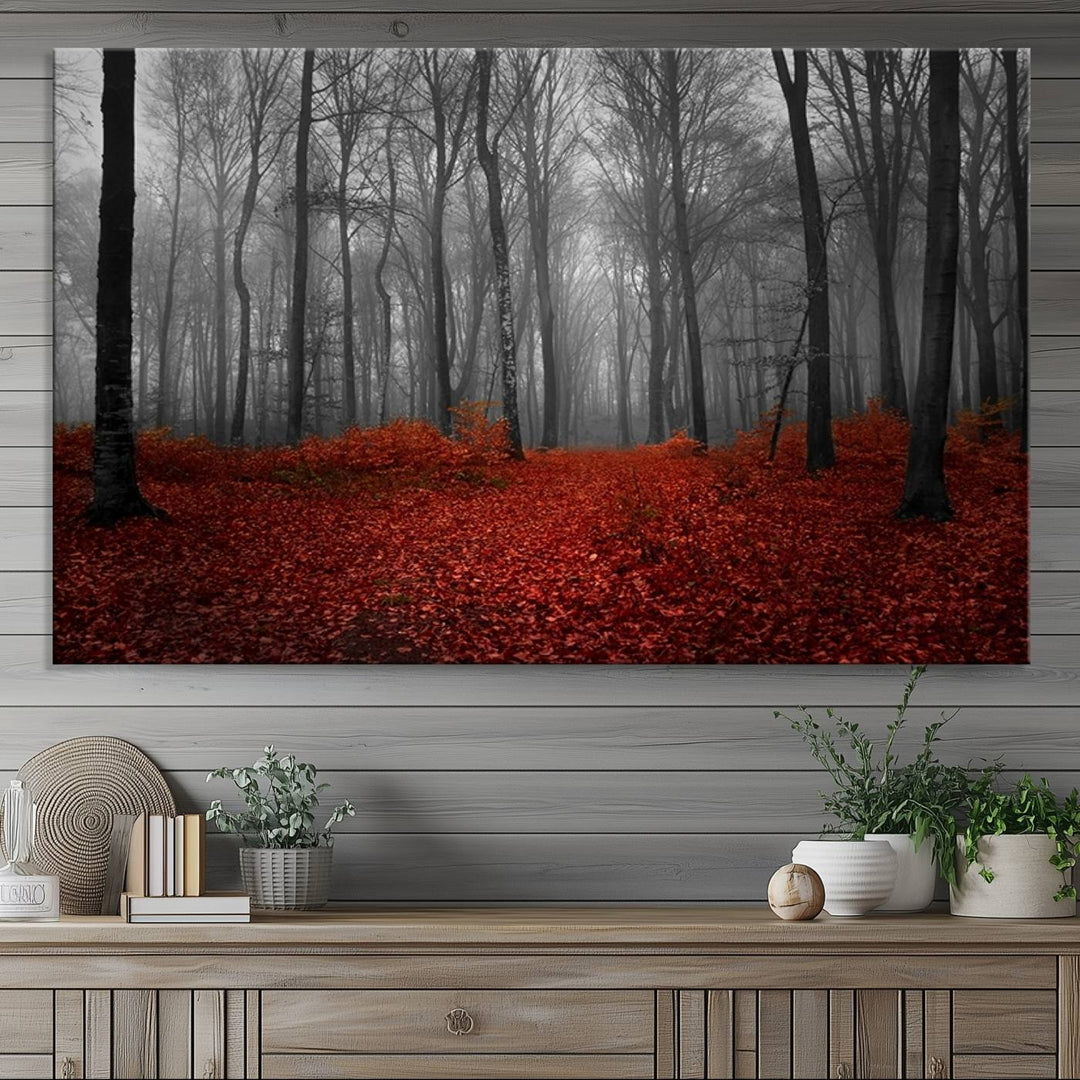 Wall Art Landscape Canvas Print Wonderful Forest with Red Leaves on Ground