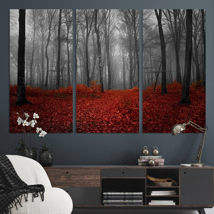 Wall Art Landscape Canvas Print Wonderful Forest with Red Leaves on Ground