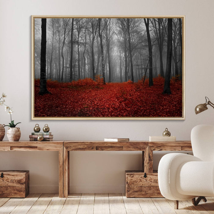 Wall Art Landscape Canvas Print Wonderful Forest with Red Leaves on Ground