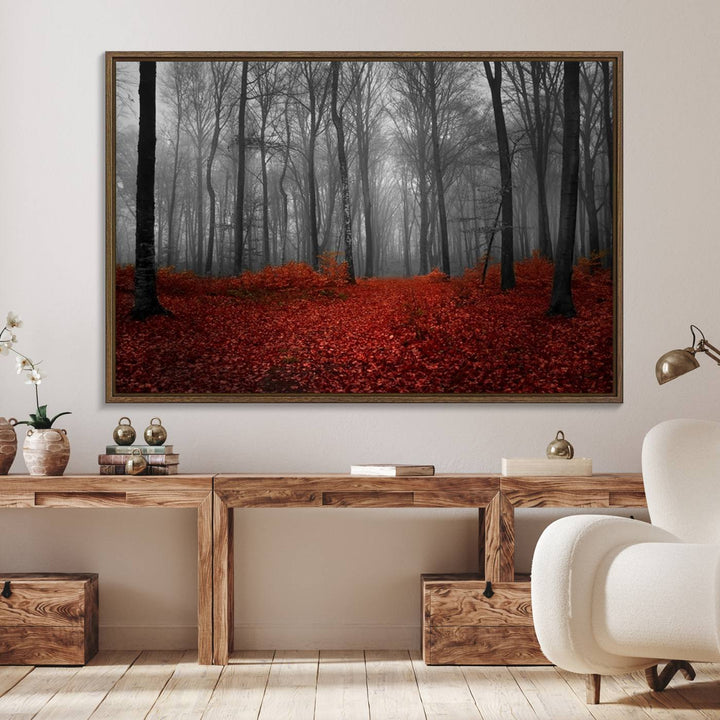 Wall Art Landscape Canvas Print Wonderful Forest with Red Leaves on Ground