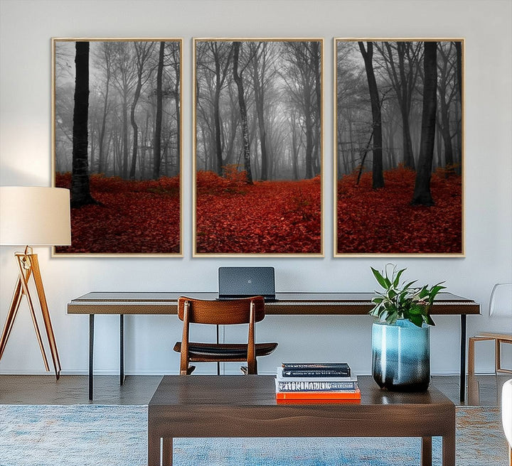 26869-MGV-FC-48X32-3P_Natural-Wall Art Landscape Canvas Print Wonderful Forest with Red Leaves on Ground