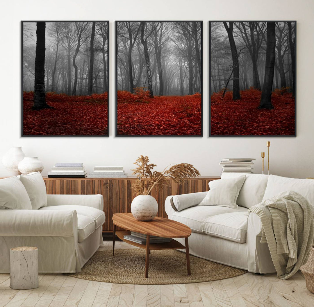 26869-MGV-FC-60X30-3P_Black-Wall Art Landscape Canvas Print Wonderful Forest with Red Leaves on Ground