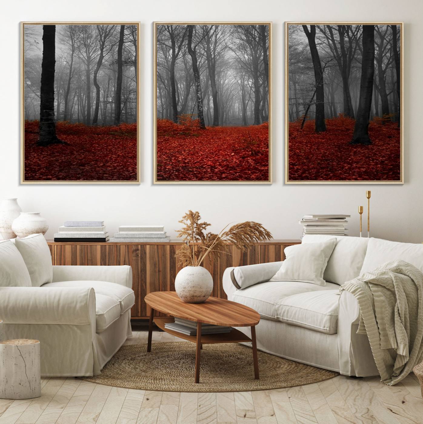 26869-MGV-FC-60X30-3P_Natural-Wall Art Landscape Canvas Print Wonderful Forest with Red Leaves on Ground
