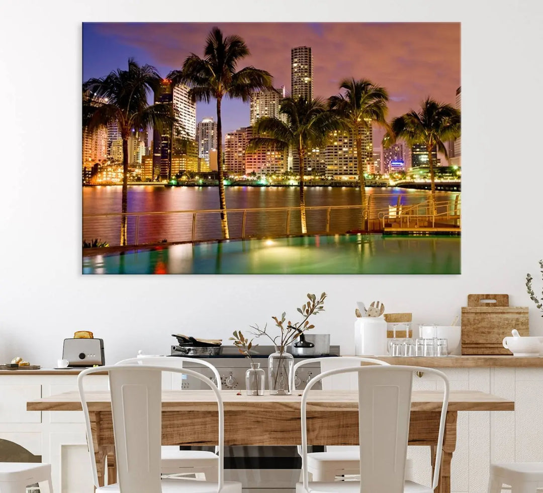 MIAMI Canvas Print: A vibrant depiction of the Miami skyline with illuminated skyscrapers, palms, and a reflecting pool at dusk.