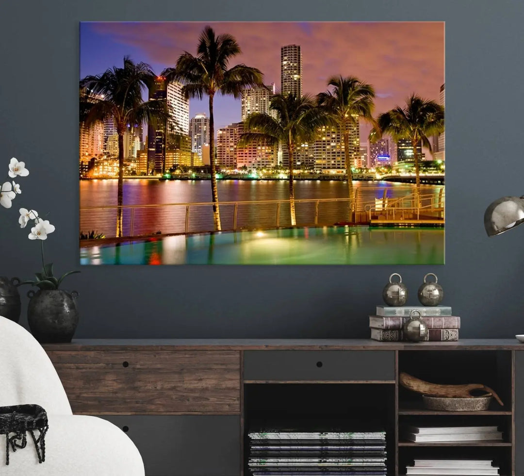 MIAMI Canvas Print: A vibrant depiction of the Miami skyline with illuminated skyscrapers, palms, and a reflecting pool at dusk.