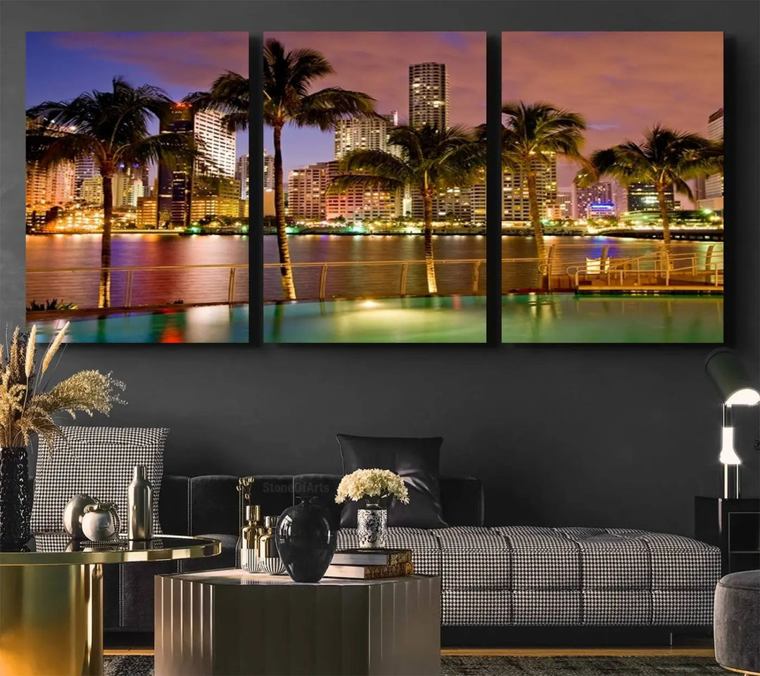 MIAMI Canvas Print: A vibrant depiction of the Miami skyline with illuminated skyscrapers, palms, and a reflecting pool at dusk.