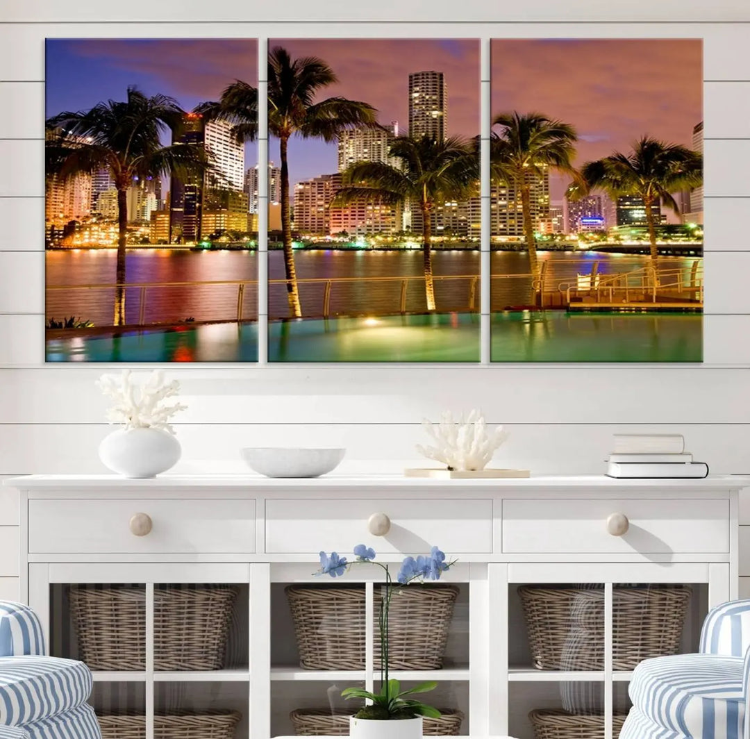 MIAMI Canvas Print: A vibrant depiction of the Miami skyline with illuminated skyscrapers, palms, and a reflecting pool at dusk.