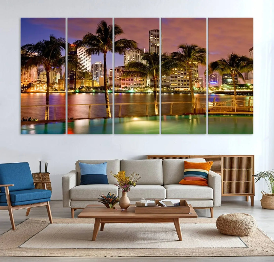 MIAMI Canvas Print: A vibrant depiction of the Miami skyline with illuminated skyscrapers, palms, and a reflecting pool at dusk.