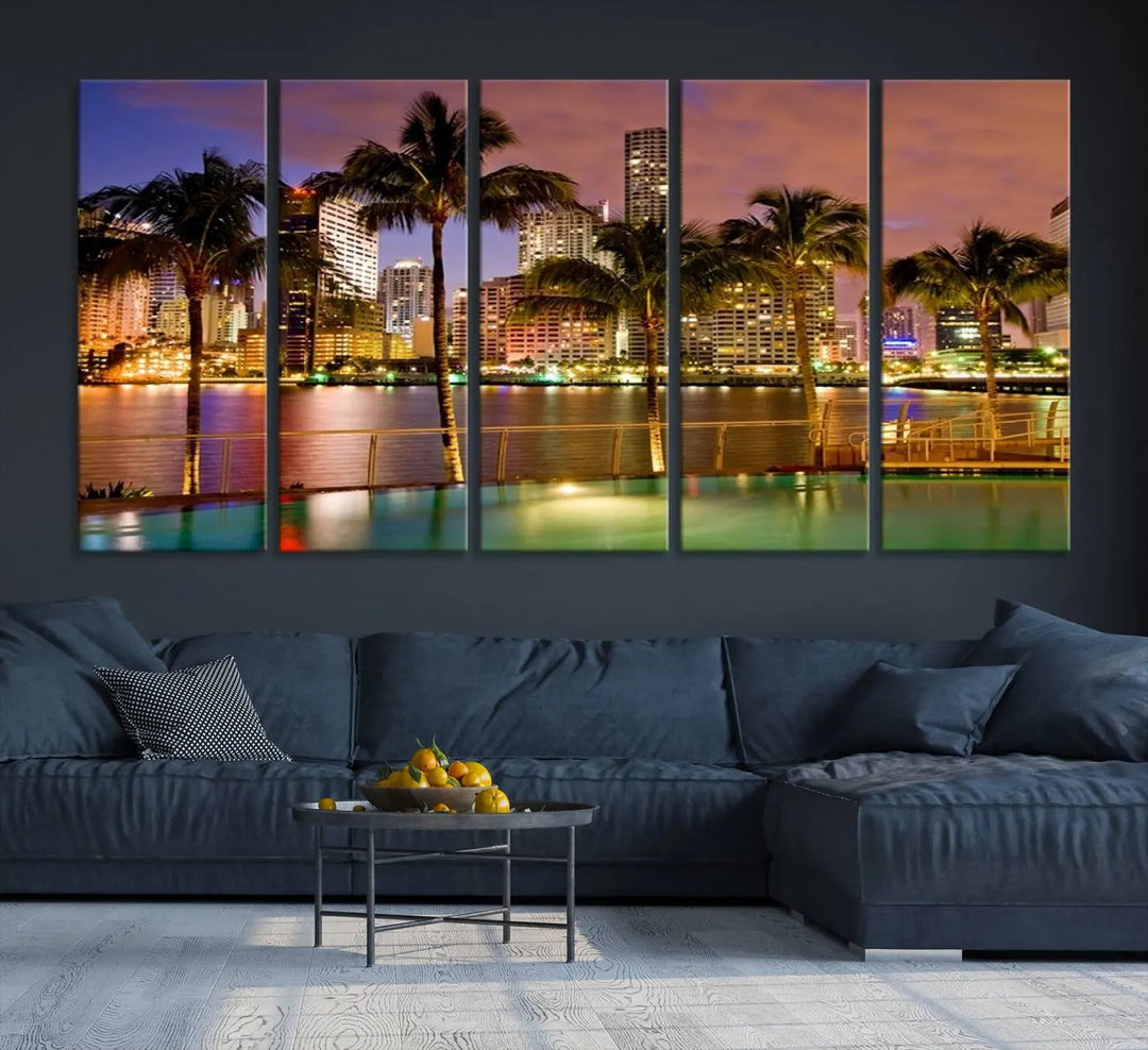 MIAMI Canvas Print: A vibrant depiction of the Miami skyline with illuminated skyscrapers, palms, and a reflecting pool at dusk.