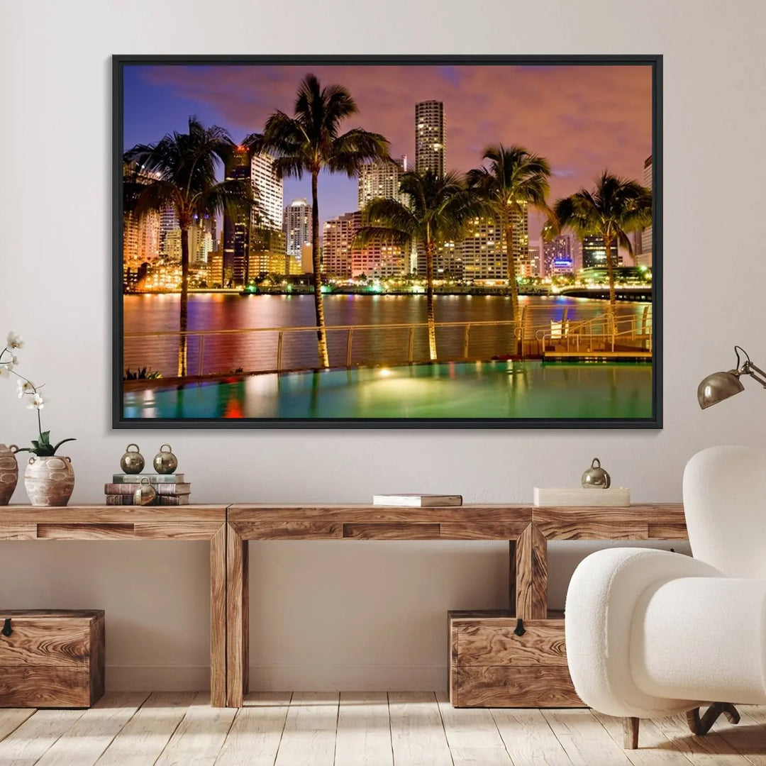 MIAMI Canvas Print: A vibrant depiction of the Miami skyline with illuminated skyscrapers, palms, and a reflecting pool at dusk.