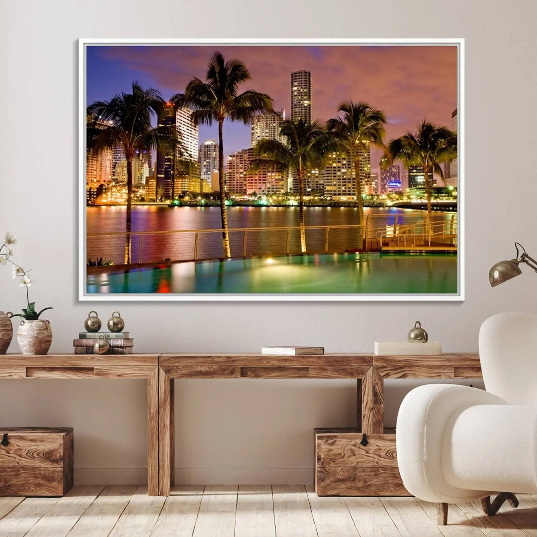 MIAMI Canvas Print: A vibrant depiction of the Miami skyline with illuminated skyscrapers, palms, and a reflecting pool at dusk.