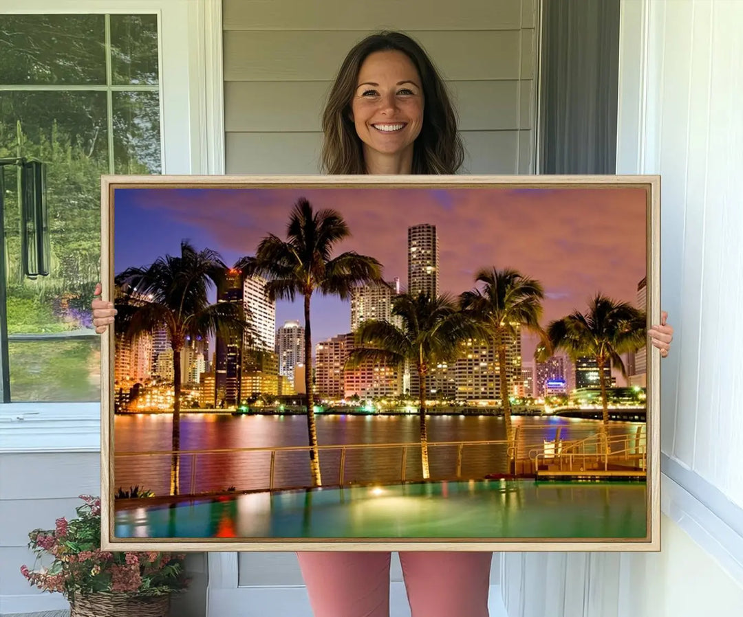 MIAMI Canvas Print: A vibrant depiction of the Miami skyline with illuminated skyscrapers, palms, and a reflecting pool at dusk.