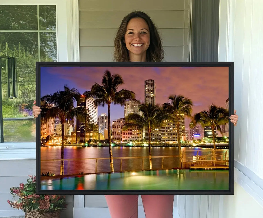 MIAMI Canvas Print: A vibrant depiction of the Miami skyline with illuminated skyscrapers, palms, and a reflecting pool at dusk.