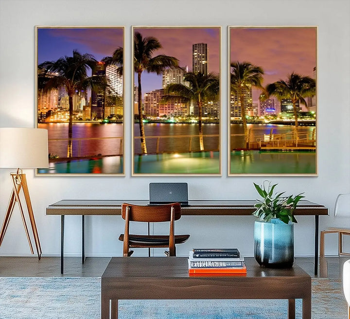 MIAMI Canvas Print: A vibrant depiction of the Miami skyline with illuminated skyscrapers, palms, and a reflecting pool at dusk.