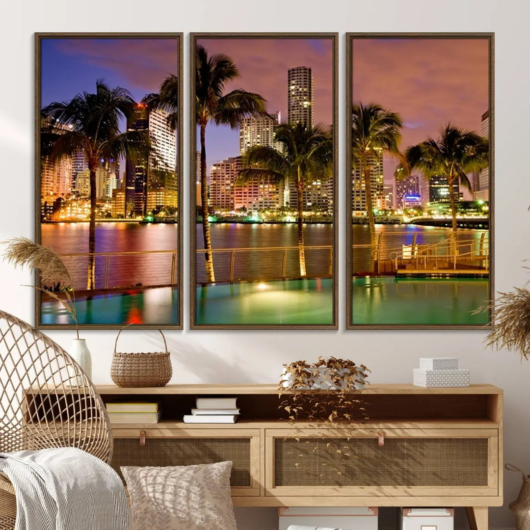 MIAMI Canvas Print: A vibrant depiction of the Miami skyline with illuminated skyscrapers, palms, and a reflecting pool at dusk.