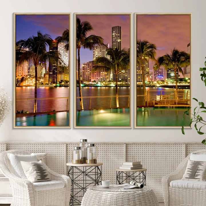 MIAMI Canvas Print: A vibrant depiction of the Miami skyline with illuminated skyscrapers, palms, and a reflecting pool at dusk.