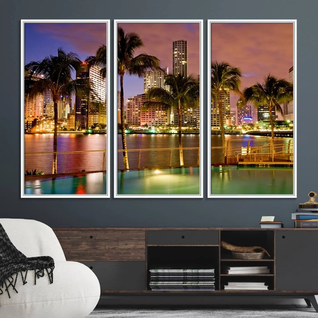 MIAMI Canvas Print: A vibrant depiction of the Miami skyline with illuminated skyscrapers, palms, and a reflecting pool at dusk.