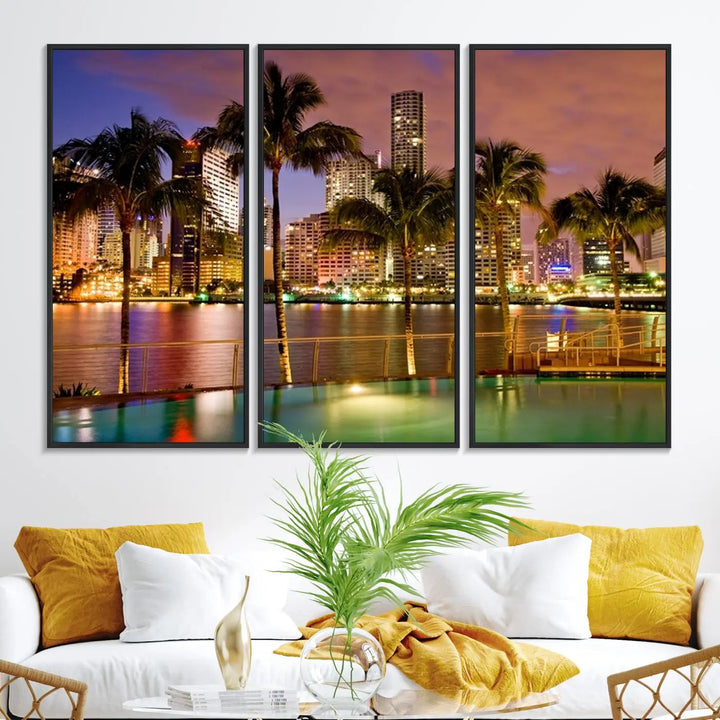 MIAMI Canvas Print: A vibrant depiction of the Miami skyline with illuminated skyscrapers, palms, and a reflecting pool at dusk.