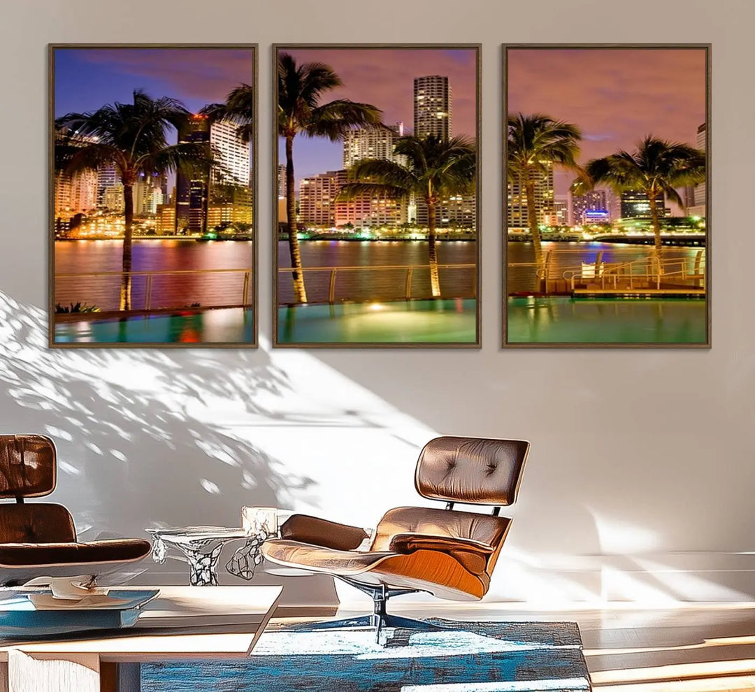 MIAMI Canvas Print: A vibrant depiction of the Miami skyline with illuminated skyscrapers, palms, and a reflecting pool at dusk.