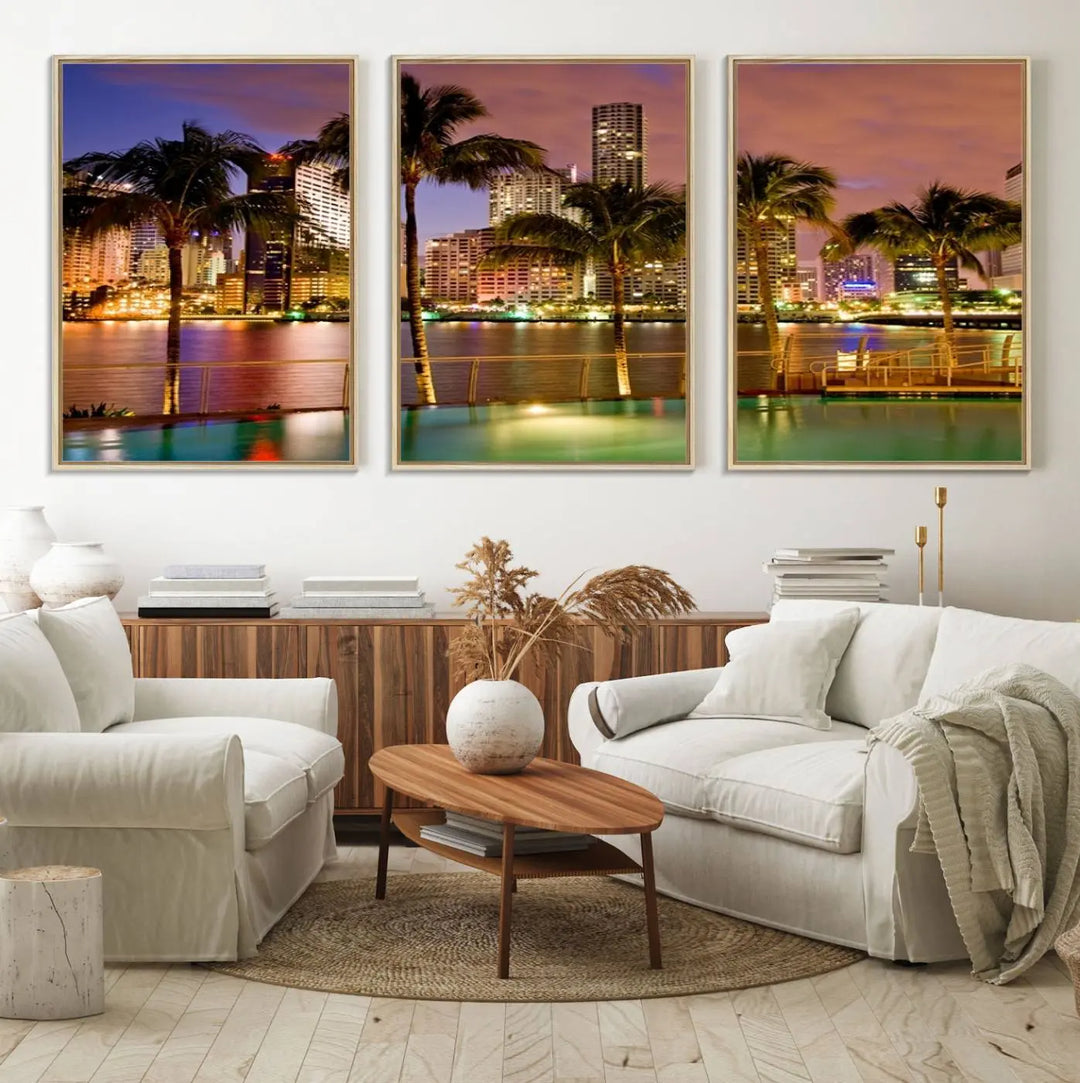 MIAMI Canvas Print: A vibrant depiction of the Miami skyline with illuminated skyscrapers, palms, and a reflecting pool at dusk.