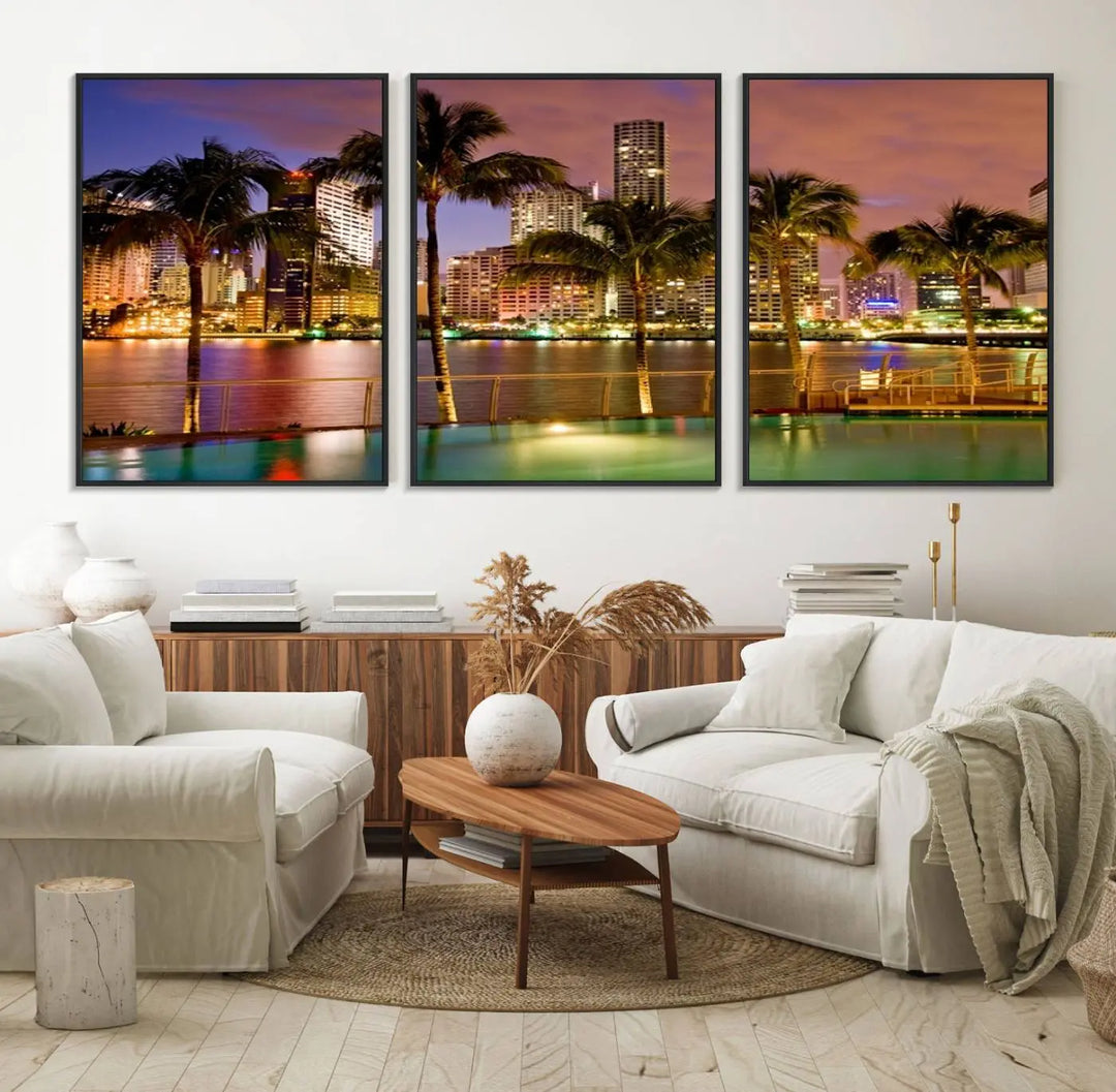 MIAMI Canvas Print: A vibrant depiction of the Miami skyline with illuminated skyscrapers, palms, and a reflecting pool at dusk.