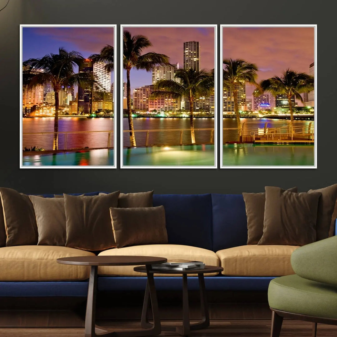 MIAMI Canvas Print: A vibrant depiction of the Miami skyline with illuminated skyscrapers, palms, and a reflecting pool at dusk.