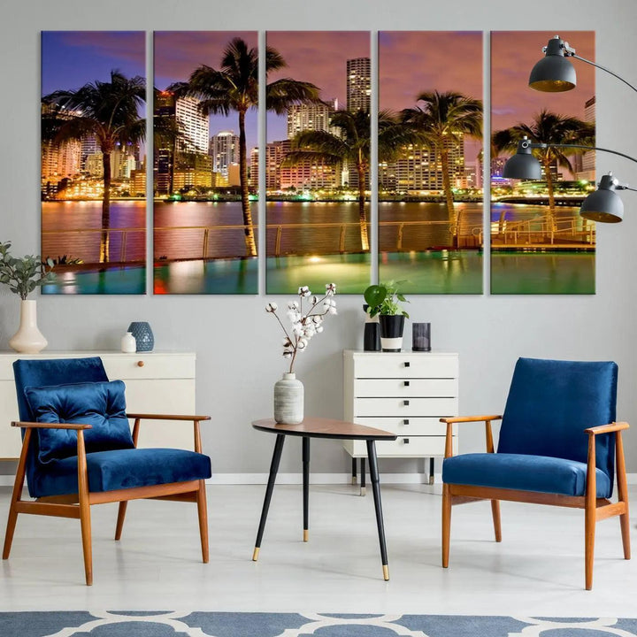 MIAMI Canvas Print: A vibrant depiction of the Miami skyline with illuminated skyscrapers, palms, and a reflecting pool at dusk.
