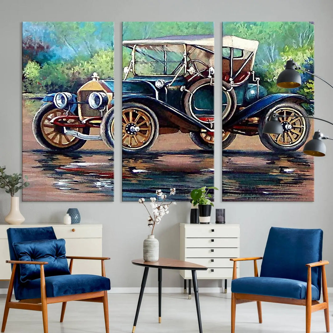 The "Wall Art Oil Paintings Old Retro Auto Car Canvas Print" features a triptych design showcasing a vintage car with a white roof on museum-quality canvas and UV-protective coating. It embodies an elegant yet timeless charm.