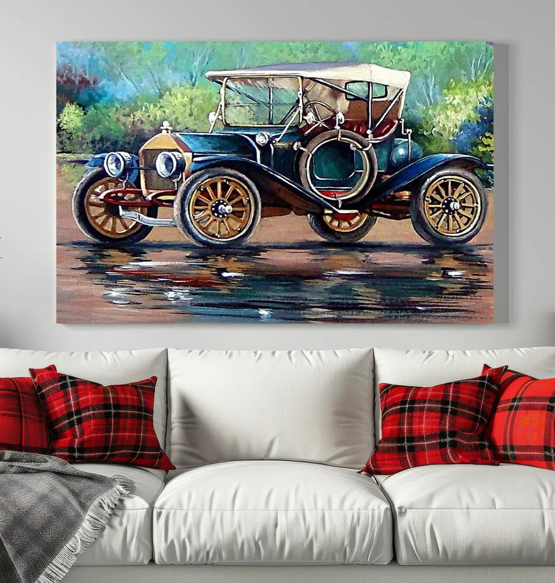 The "Wall Art Oil Paintings Old Retro Auto Car Canvas Print" features a triptych design showcasing a vintage car with a white roof on museum-quality canvas and UV-protective coating. It embodies an elegant yet timeless charm.