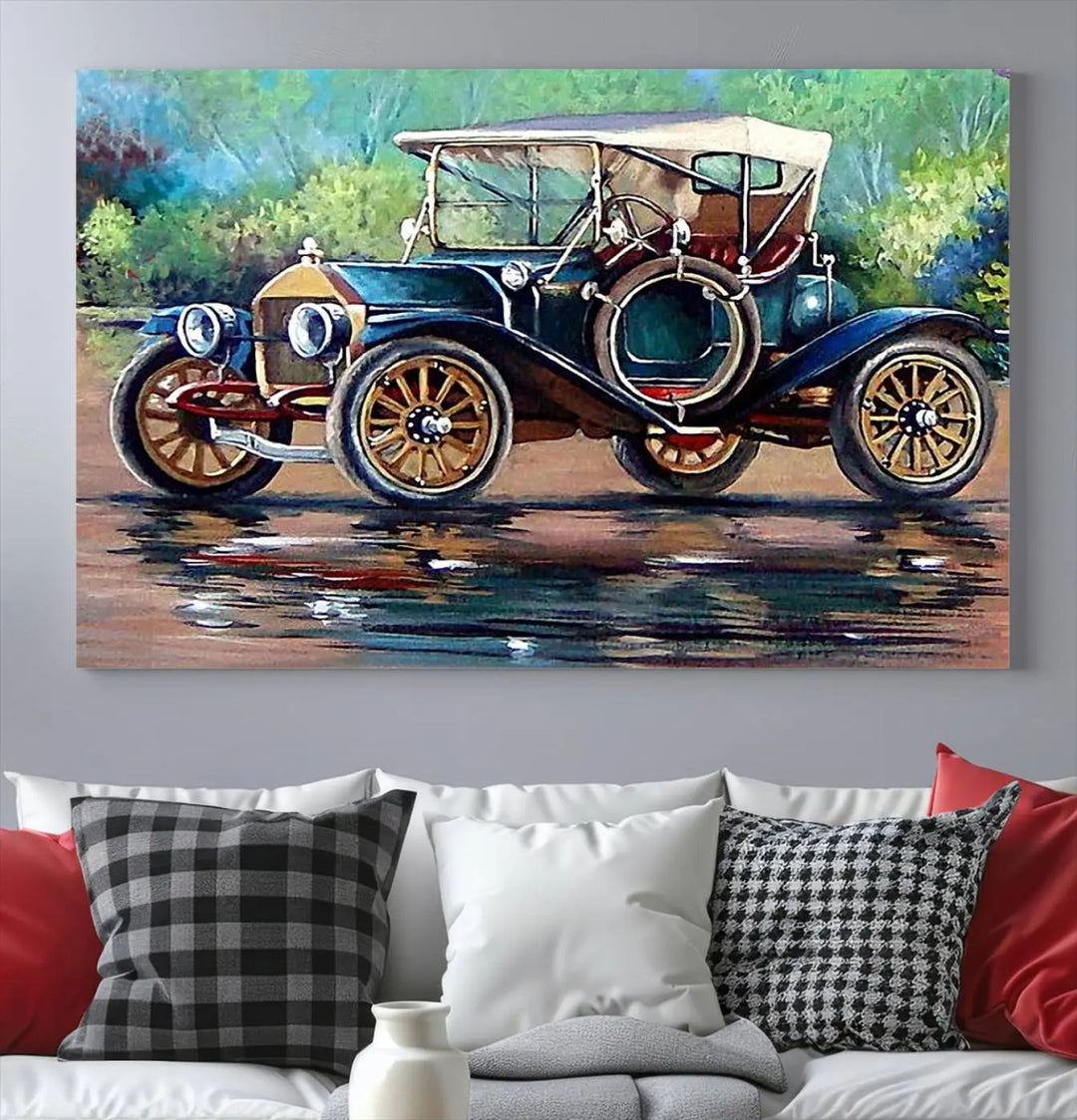 The "Wall Art Oil Paintings Old Retro Auto Car Canvas Print" features a triptych design showcasing a vintage car with a white roof on museum-quality canvas and UV-protective coating. It embodies an elegant yet timeless charm.