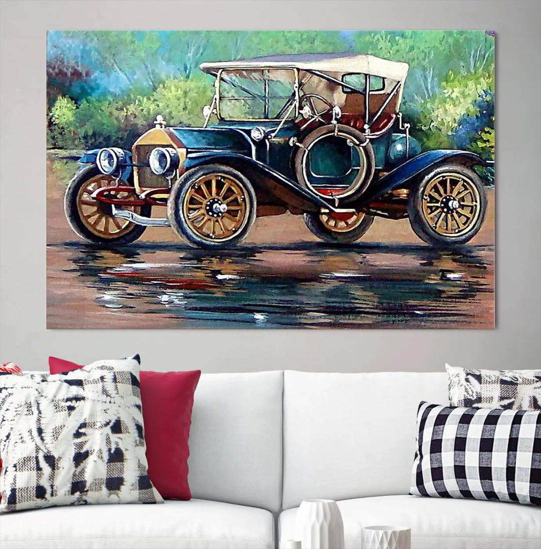 The "Wall Art Oil Paintings Old Retro Auto Car Canvas Print" features a triptych design showcasing a vintage car with a white roof on museum-quality canvas and UV-protective coating. It embodies an elegant yet timeless charm.