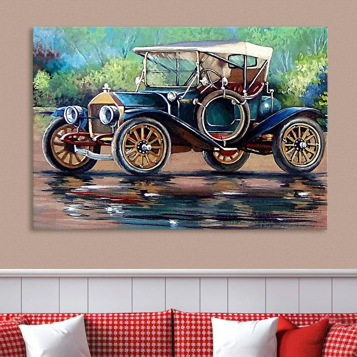 The "Wall Art Oil Paintings Old Retro Auto Car Canvas Print" features a triptych design showcasing a vintage car with a white roof on museum-quality canvas and UV-protective coating. It embodies an elegant yet timeless charm.