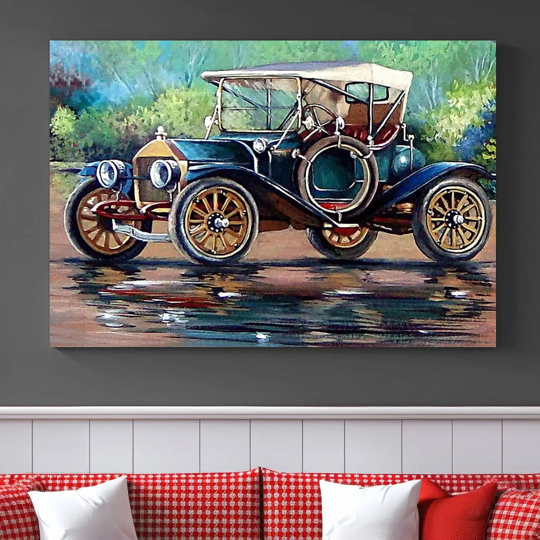 The "Wall Art Oil Paintings Old Retro Auto Car Canvas Print" features a triptych design showcasing a vintage car with a white roof on museum-quality canvas and UV-protective coating. It embodies an elegant yet timeless charm.