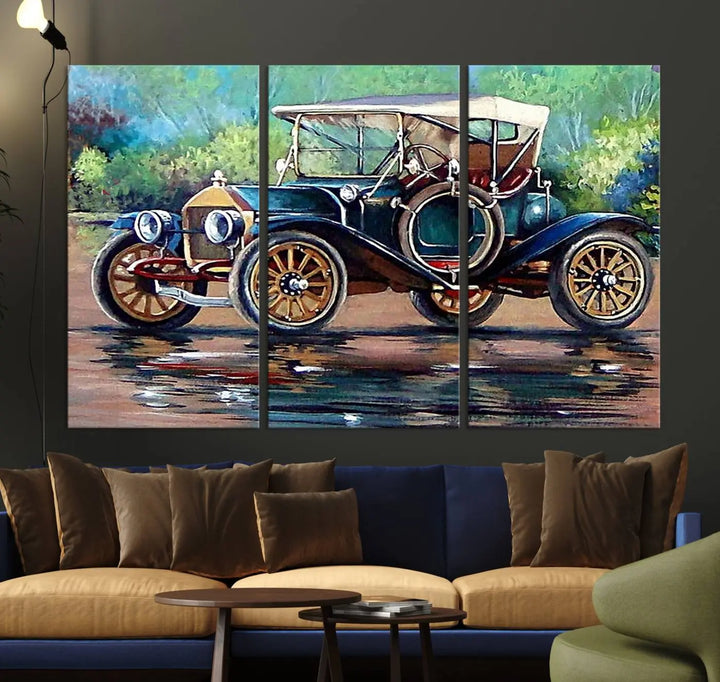 The "Wall Art Oil Paintings Old Retro Auto Car Canvas Print" features a triptych design showcasing a vintage car with a white roof on museum-quality canvas and UV-protective coating. It embodies an elegant yet timeless charm.