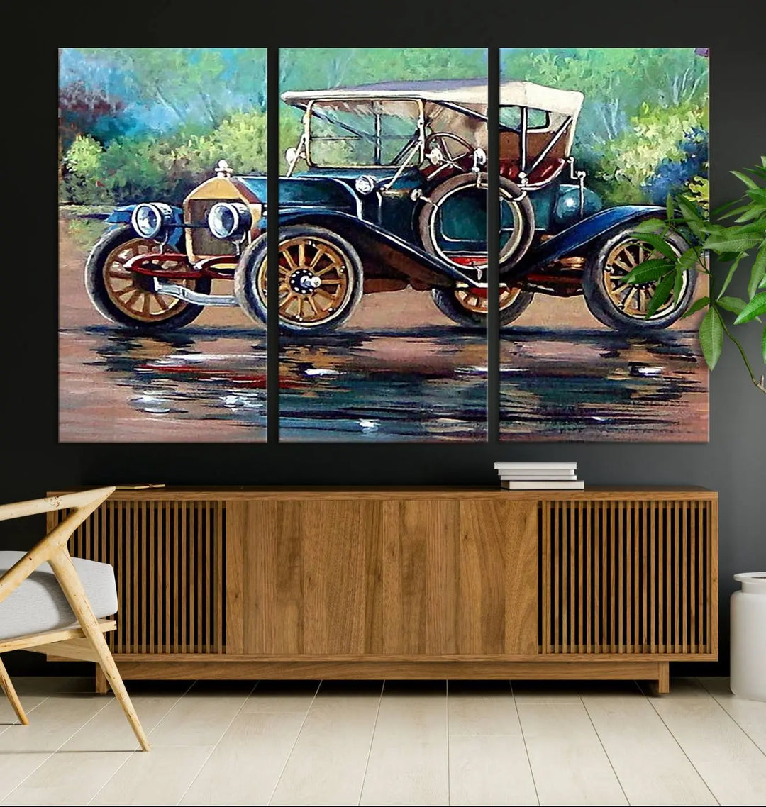 The "Wall Art Oil Paintings Old Retro Auto Car Canvas Print" features a triptych design showcasing a vintage car with a white roof on museum-quality canvas and UV-protective coating. It embodies an elegant yet timeless charm.