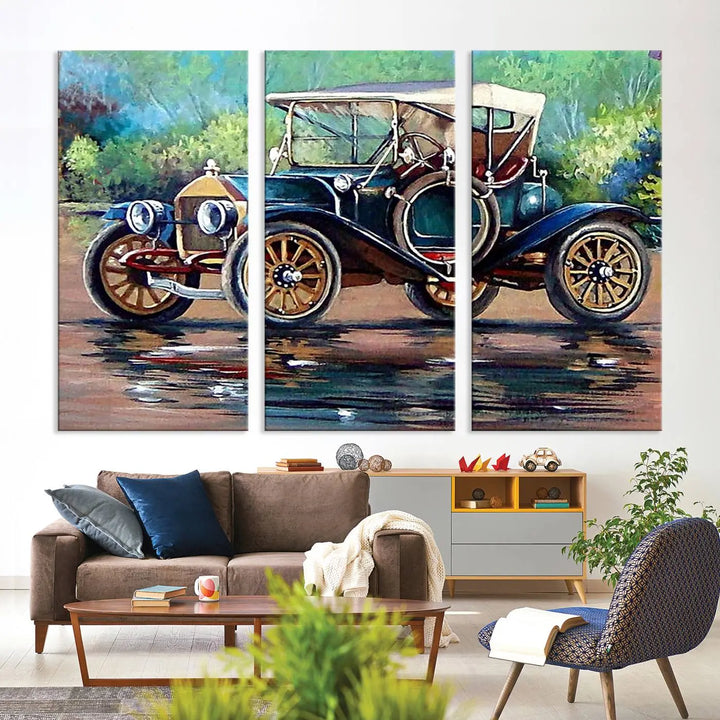 The "Wall Art Oil Paintings Old Retro Auto Car Canvas Print" features a triptych design showcasing a vintage car with a white roof on museum-quality canvas and UV-protective coating. It embodies an elegant yet timeless charm.