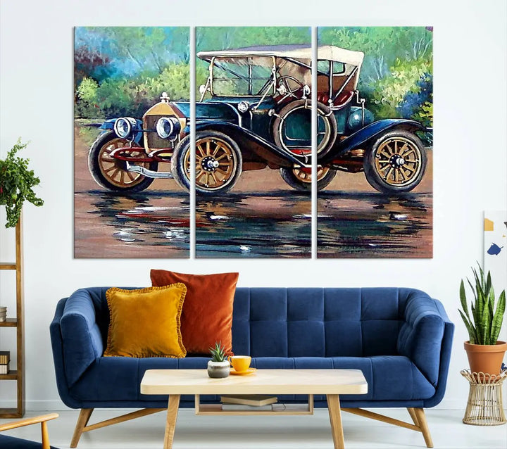 The "Wall Art Oil Paintings Old Retro Auto Car Canvas Print" features a triptych design showcasing a vintage car with a white roof on museum-quality canvas and UV-protective coating. It embodies an elegant yet timeless charm.