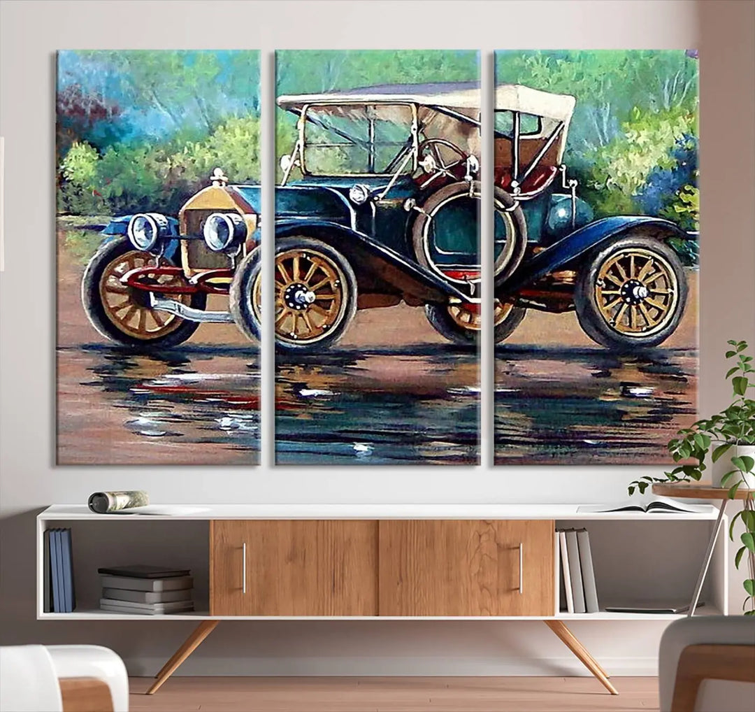 The "Wall Art Oil Paintings Old Retro Auto Car Canvas Print" features a triptych design showcasing a vintage car with a white roof on museum-quality canvas and UV-protective coating. It embodies an elegant yet timeless charm.