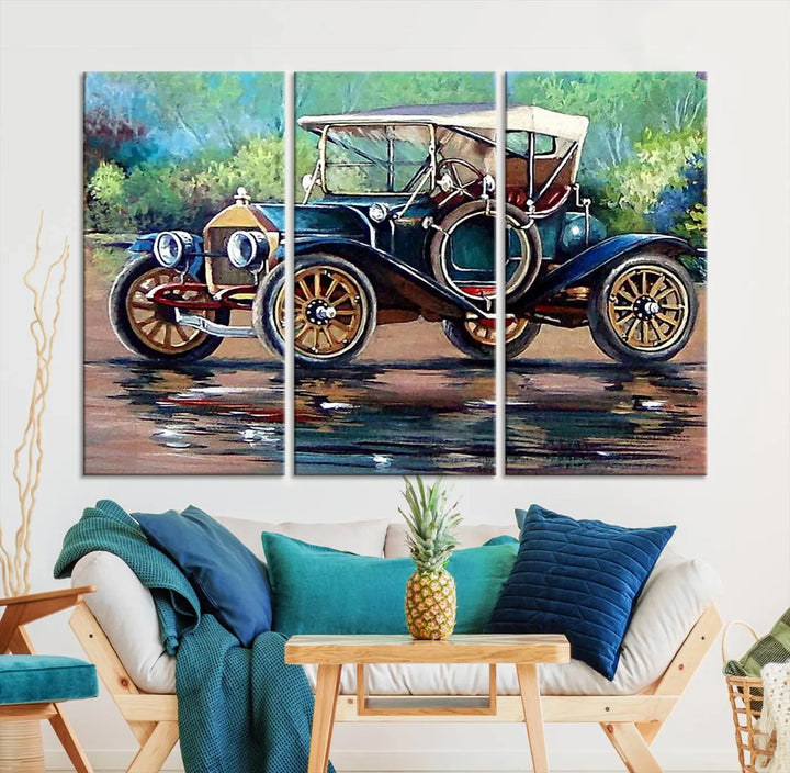 The "Wall Art Oil Paintings Old Retro Auto Car Canvas Print" features a triptych design showcasing a vintage car with a white roof on museum-quality canvas and UV-protective coating. It embodies an elegant yet timeless charm.